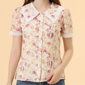 Allegra K Cream and White Fitted Blouse with Peter Pan Collar